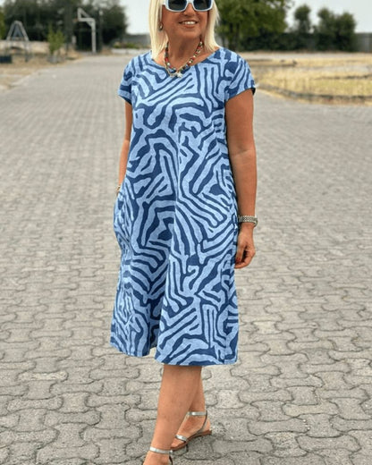 Aria™ | Abstract Print Midi Dress – Relaxed Fit with Pockets